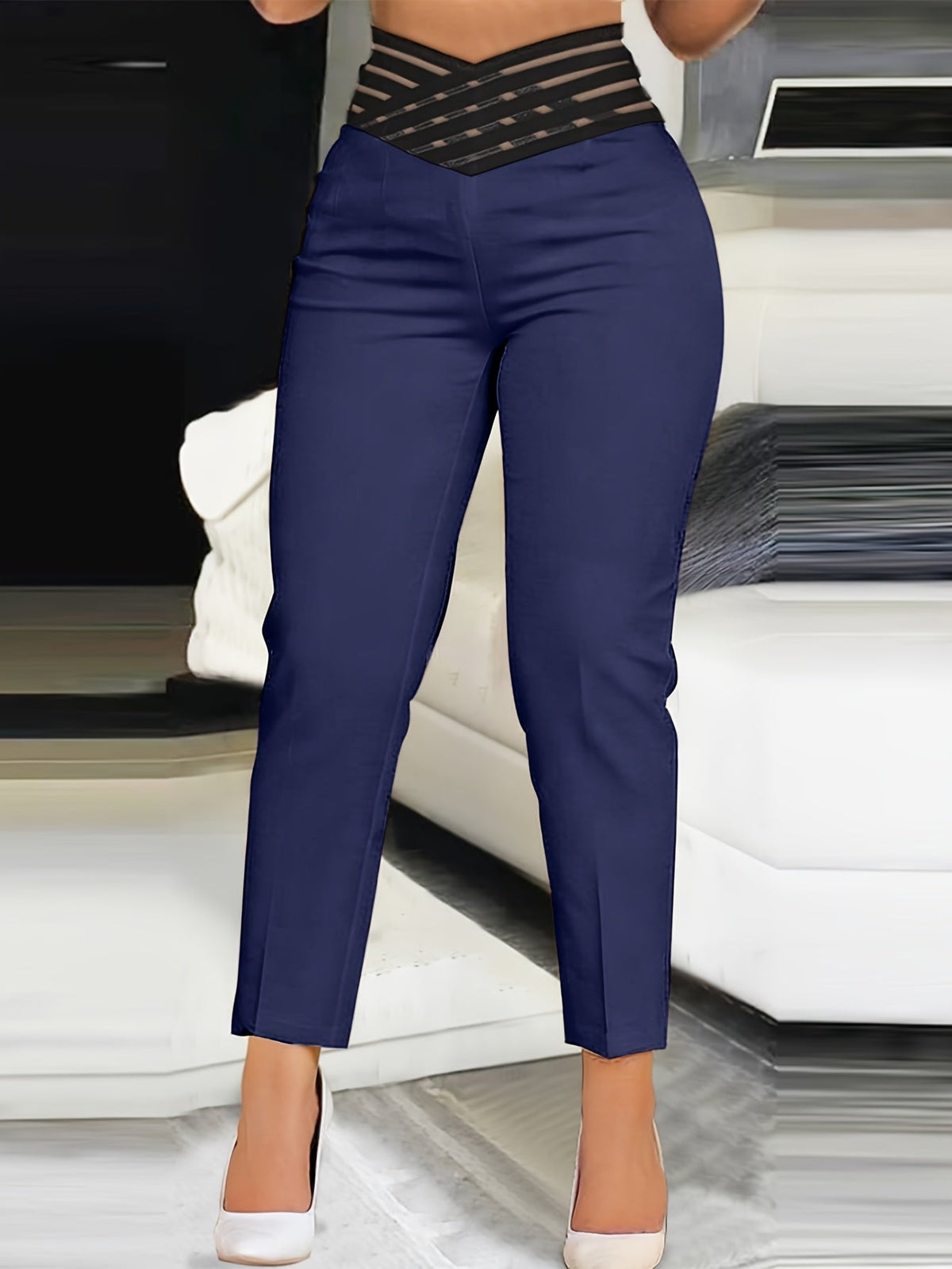 Women's High-Waisted Pencil Pants with Fabric Belt Solid Color 9/10 Length Ankle Trousers - Slim Fit Work Office Casual Pants for Spring Fall All Seasons