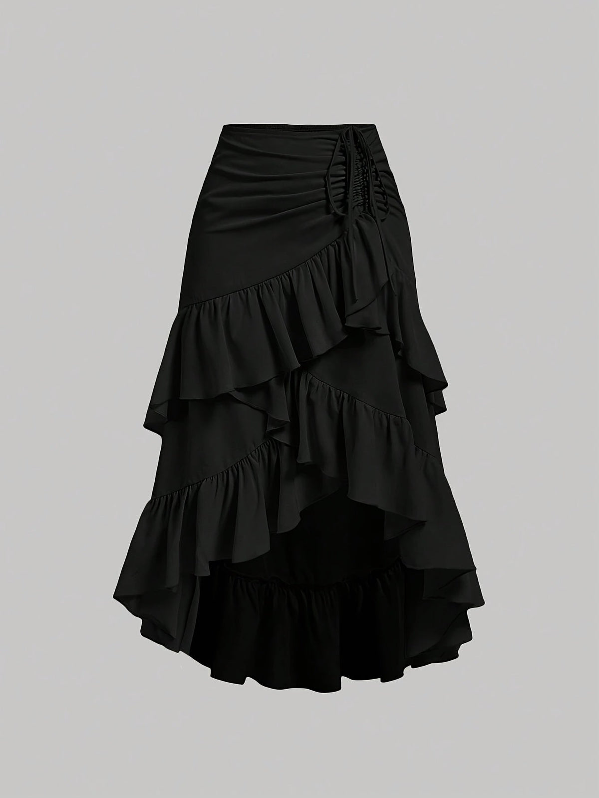 Women's Asymmetrical Pleated Hem Multi-Layer Midi Skirt – Flowy Chiffon-Style 100% Polyester Spring Fall Fashion Tiered Ruffle Swing Skirt