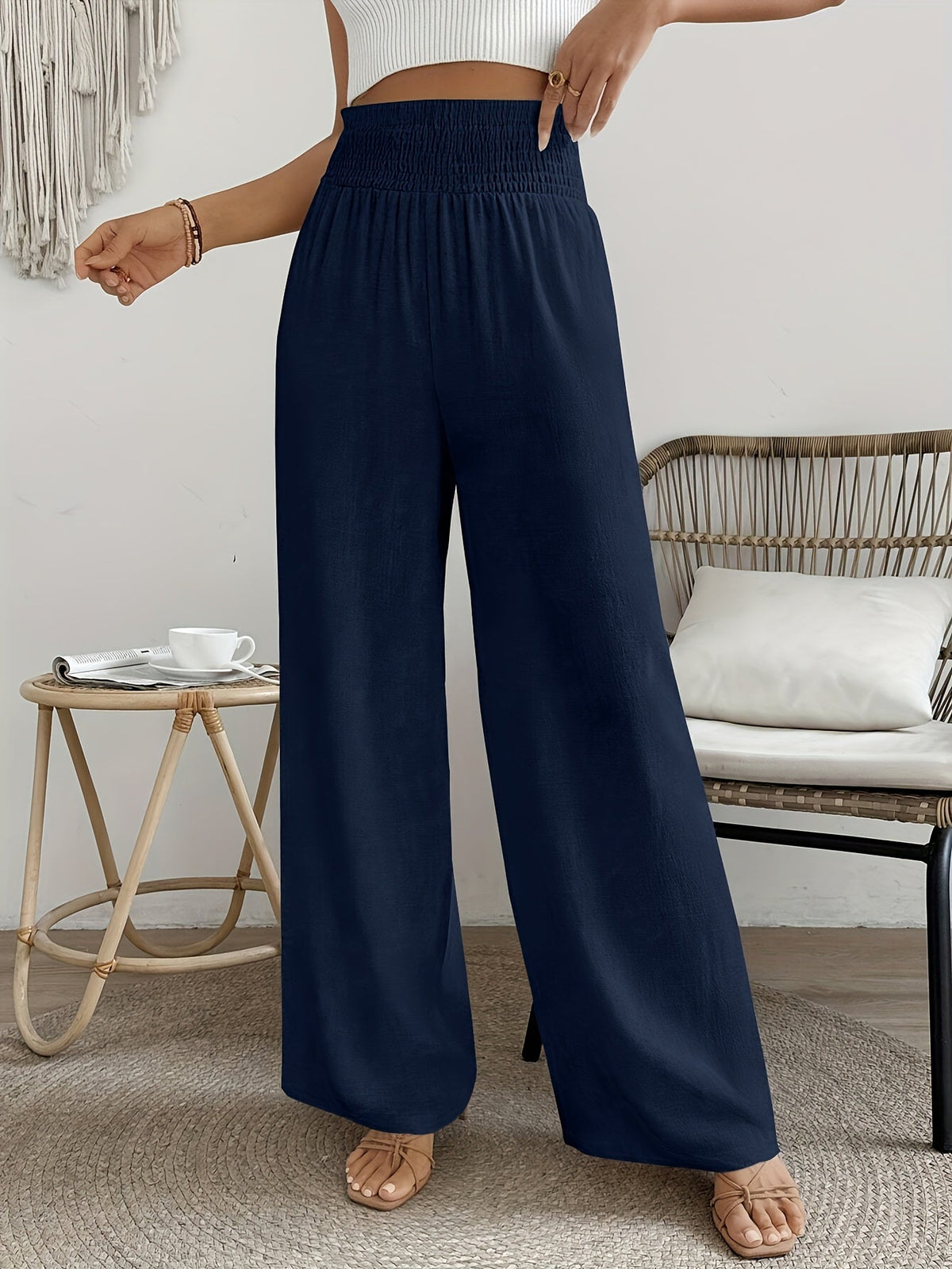 Women's High-Waist Elegant Solid Color Pants Smooth Micro Elasticity Trousers - Casual Chic Machine Washable Bottoms for Spring Summer Fall Office Daily Wear
